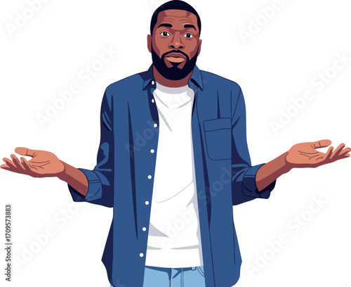 Confused man with raised hands in a gesture of uncertainty and questioning.