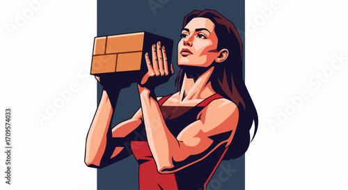Confident woman Lifting Box, strong arms and focused expression. Athletic woman lifting box, concentrating on effort and power, symbolizing determination and capability.
