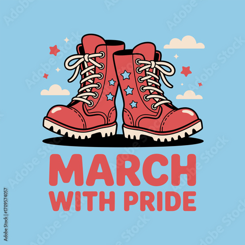 Red marching boots artwork, patriotic pride design, national celebration illustration, strong vector graphic, holiday themed poster or banner element