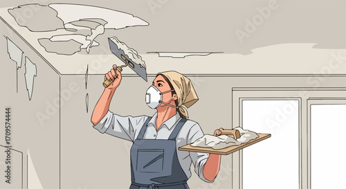 Person performing ceiling repair, applying plaster with trowel to damaged surface. Ceiling repair involves renovation work, preparing old ceiling for fresh paint.