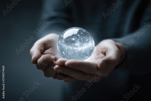 Crystal ball held in hands, universe inside