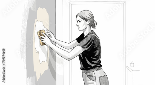 Woman performing wallpaper removal using wet sponge on wall during home renovation. Wallpaper removal process involves preparing interior surface for repainting or new covering.