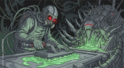 Toxic lab experiment with scientist in hazmat suit operating on a table full of green goo. Alien creature watches over toxic lab experiment in dark, unsettling environment.