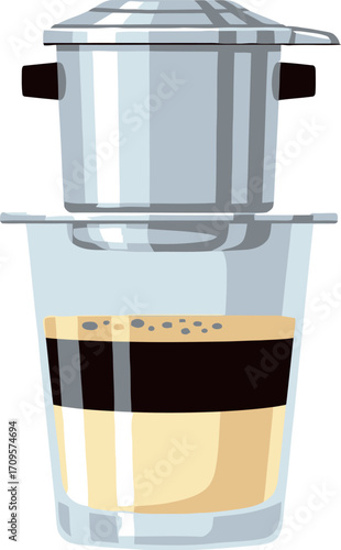 Traditional Vietnamese coffee brewing process with layered condensed milk and coffee in glass