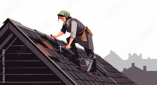 Woman performing roof repair on dark tiled house roof, carefully placing shingles with tools. Experienced roof repair professional ensures building integrity.
