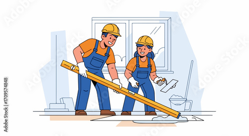 Construction workers, male and female, collaborating on renovation project, using spirit level and trowel. Experienced construction workers in hard hats, completing interior work.
