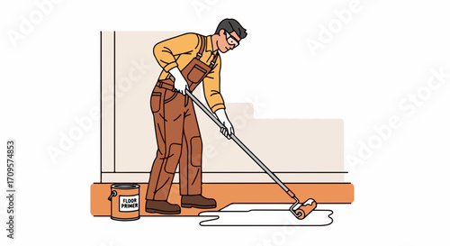 Professional worker performing floor painting with long handled roller and white paint in home interior. Skilled individual engaged in floor painting work, wearing safety glasses and gloves.