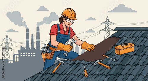 Roofer working on industrial building roof with tools and equipment, industrial roofing concept.