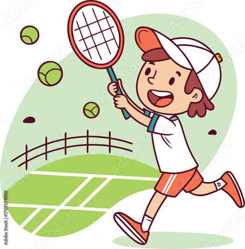 Cartoon boy playing tennis on court with balls child