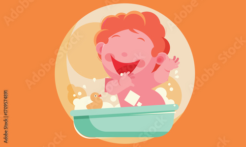 Flat design illustration of a baby in a shower path, with water droplets and soft surroundings, symbolizing hygiene, care, and playful bath time in a gentle and minimalist style.