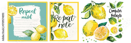 set of citrus fruit posters with lemon and tropical backgrounds