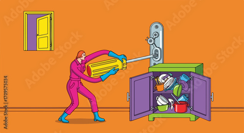 Fixing furniture with screwdriver, illustration featuring repairing cabinet and adjusting open door. Furniture repair requires tools and patience as cabinet is unstable.