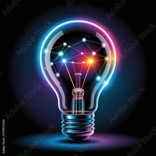 Glowing lightbulb with colorful network connections and starry background idea innovation