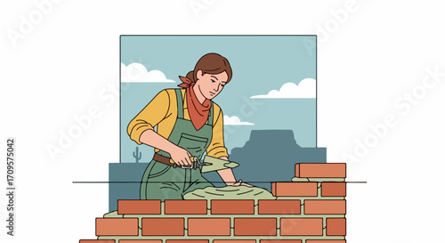 Woman construction worker building brick wall with trowel and mortar, flat vector illustration style. Skilled female mason constructing exterior wall, professional builder at work.