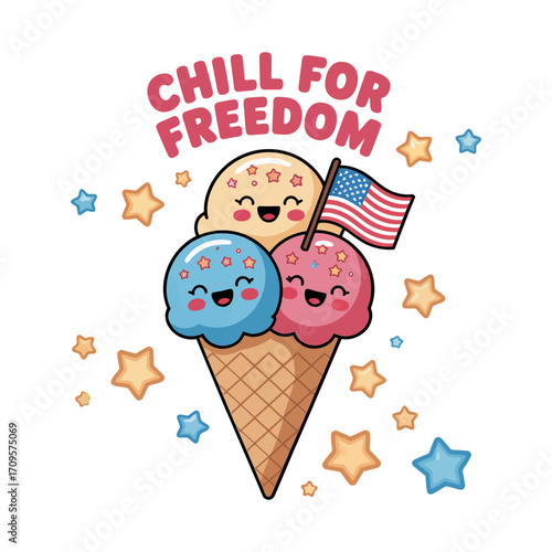 Ice cream cone with patriotic toppings, chill for freedom design, fun celebration snack vector, sweet holiday illustration, national pride artwork