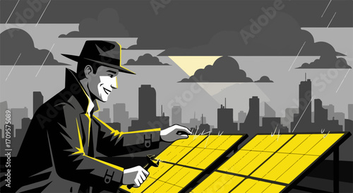 Retro detective adjusting solar panels on rooftop with city skyline under stormy sky, vector illustration for renewable energy concept.