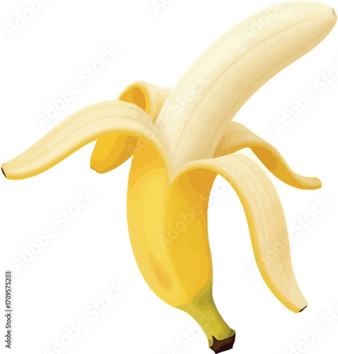 Bright yellow banana, partially peeled, revealing its creamy white flesh in a fresh, vibrant presentation.