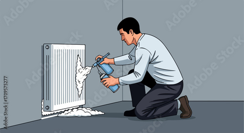 Man applying foam insulation to radiator with spray can, vector illustration for home repair and DIY projects.