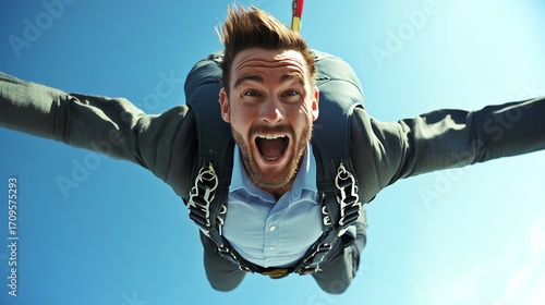 Plakat A man joyfully skydiving through the sky.