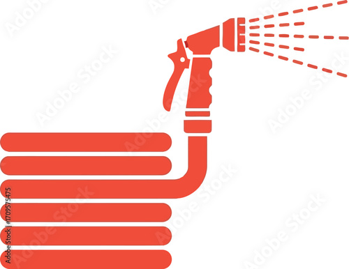 Red garden hose spraying water, ready for watering plants outdoors