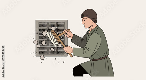 Medieval craftsman cleaning stone blocks with brush and tool, historical illustration vector. Medieval craftsman working on stone masonry, detailed vector art.