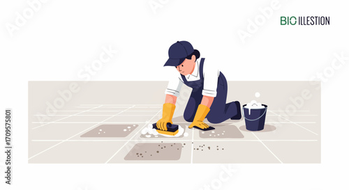 Professional cleaner in uniform cleaning tiled floor with mop and bucket, vector illustration for cleaning services.
