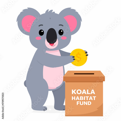 Koala putting a coin into a donation box labeled 'Koala Habitat Fund'.