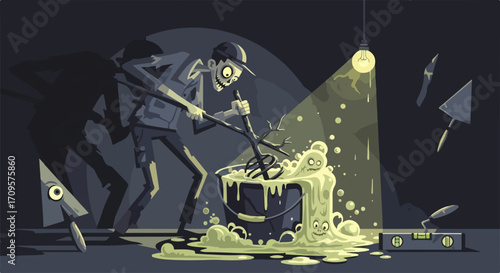Mad scientist mixing bubbling potion in bucket, vector illustration. Scientist with tools and bubbling concoction, mad science experiment concept for creative projects.