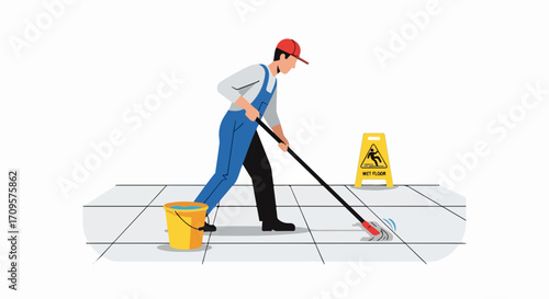 Janitor cleaning floor with mop and bucket, vector illustration. Professional cleaner maintaining hygiene with wet floor sign. Commercial cleaning service concept for business.