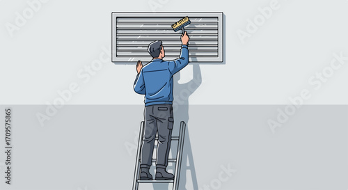 Cleaning air conditioner with handheld duster, worker uses brush to clean vent. Cleaning air conditioner is important for good air quality and healthy indoor environments.