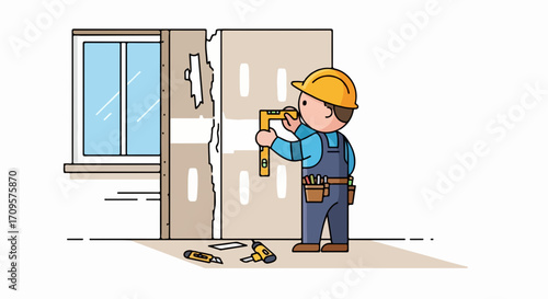 Construction worker in hard hat measuring wall for renovation project, home improvement vector illustration.
