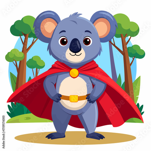 A cute cartoon koala superhero wearing a red cape and a yellow belt stands proudly in a forest.