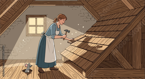 Vector illustration of woman repairing roof shingles in attic space, detailed vector art for historical or DIY concepts.