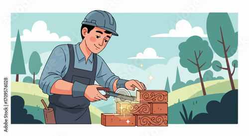 Man performing diligent bricklaying, carefully placing red bricks with mortar for wall. Skilled worker wears hard hat, overalls, demonstrating precise outdoor bricklaying technique.
