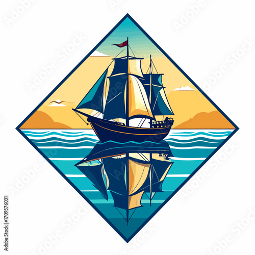 A stylized diamond-shaped emblem featuring a majestic sailing ship with full sails, reflected perfectly on calm blue waters under a warm sky.