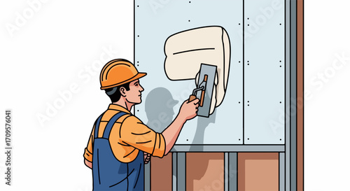 Man plastering wall, applying compound on gypsum board with trowel. Professional plastering wall by builder in hard hat working on interior structure.