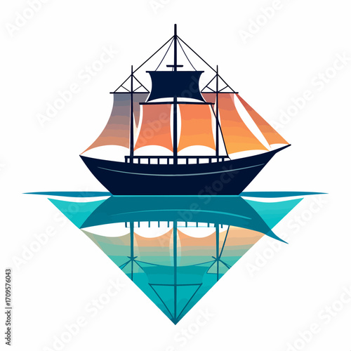 A stylized illustration of a dark blue sailing ship with orange and yellow sails, reflected in turquoise water.