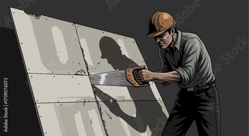 Construction worker carefully sawing large drywall sheet with hand saw. Diligent construction worker wearing protective hard hat focuses on cutting plasterboard.
