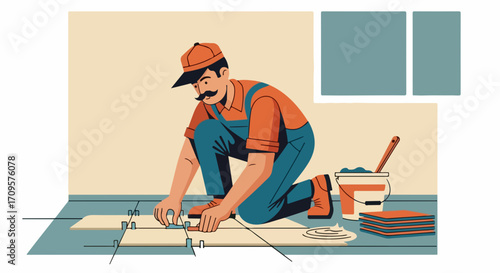 Man performing precise tile installation on floor surface in new room. Worker in overalls carefully sets ceramic tiles, ensuring quality tile installation for home renovation project.