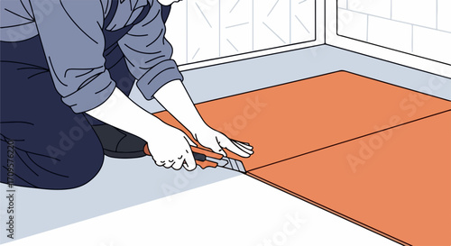 Person performing precise flooring installation, carefully cutting orange material using utility knife. Detailed flooring installation process illustrates handyman activity for home renovation.