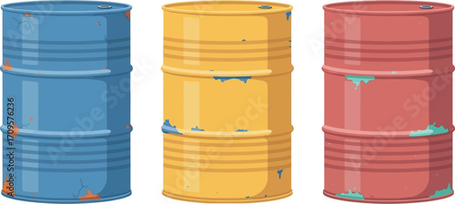 Three colorful, slightly worn metal barrels lined up, suggesting storage or industrial use