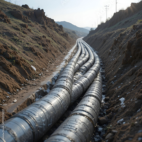 Insulated large metal pipes with a protective plastic sheath, laid in a trench as part of a modern underground pipeline.