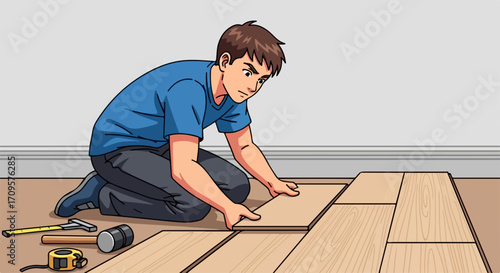 Man performing floor installation, carefully laying wooden planks on bare room surface. This floor installation process shows a worker installing wood boards, tools nearby for precise placement.