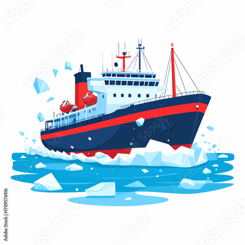 Icebreaker ship navigating through icy waters, surrounded by ice floes.