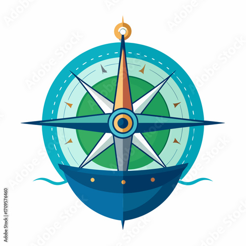 A stylized compass rose with a ship's bow emerging from below, set against a circular background with waves.