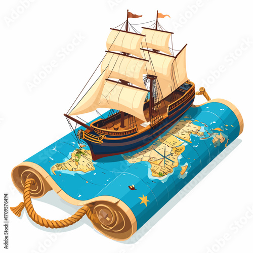 A detailed illustration of an old sailing ship with full sails navigating across a vintage world map unrolled, symbolizing exploration and adventure.