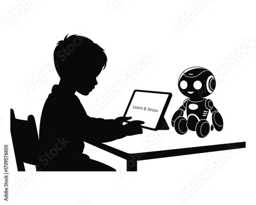 Silhouette of a child interacting with a small robot using a tablet computer