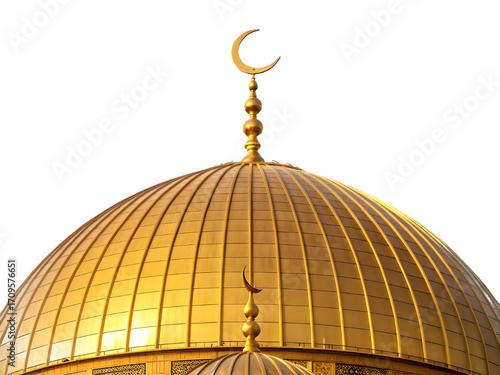 Golden dome of the rock with crescent moon against black sky