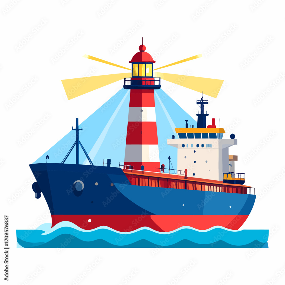 Obraz premium A vibrant illustration of a cargo ship sailing past a red and white striped lighthouse emitting bright beams of light on the water.