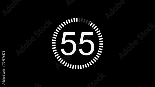 1 Minute Circle Countdown Timer with Progress Bar, Alpha Channel, and Seamless Loop